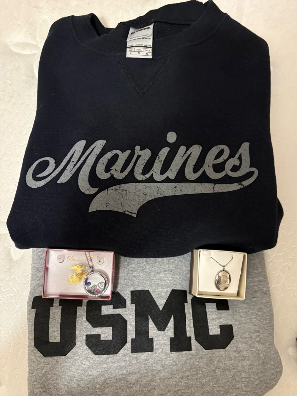 USMC bundle w/necklace,slocket & 2 USMC Soffe Sweatshirts 1 grey & 1 blackLrg